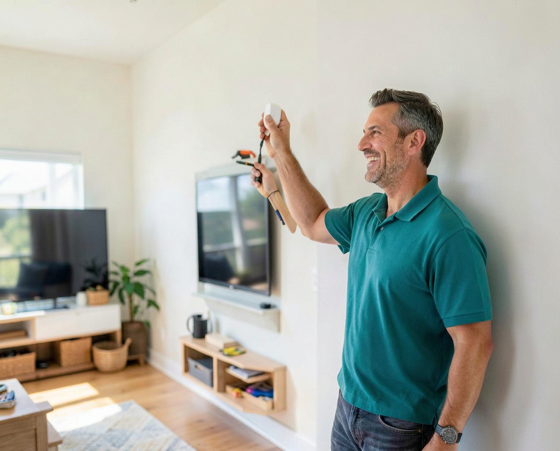 Technician installing a wall-mounted smart home device in a living room