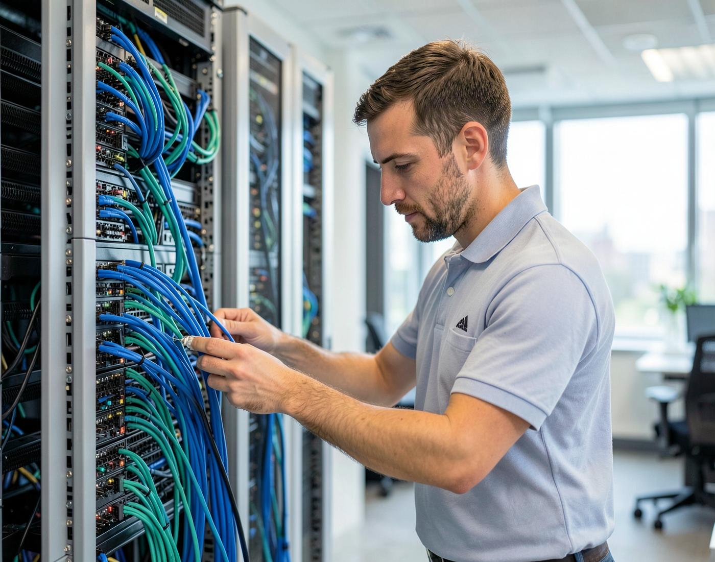Technician terminating network cabling into a switch and patch panel