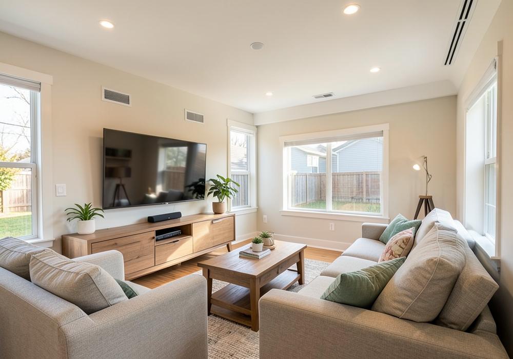 Living room with a wall-mounted TV, soundbar and hidden speaker wiring