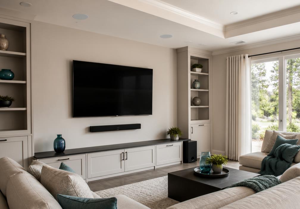 Finished family living room with a wall-mounted television and ceiling audio