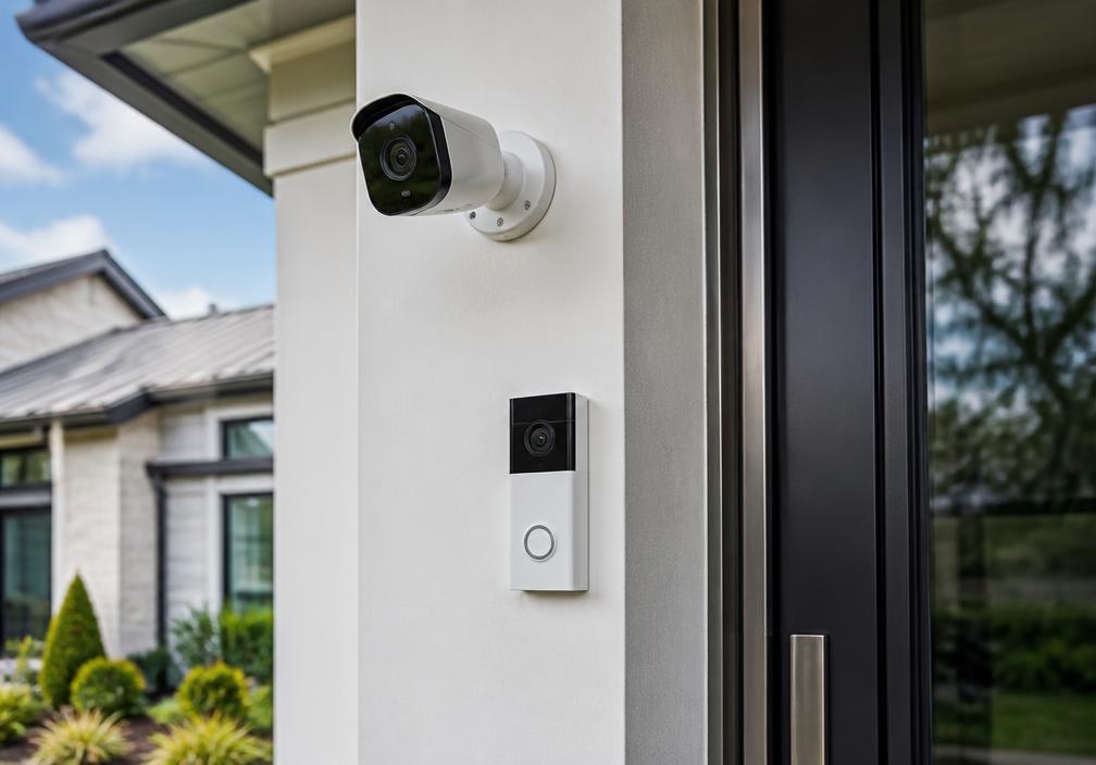 Security camera and video doorbell installed beside a home's front entry