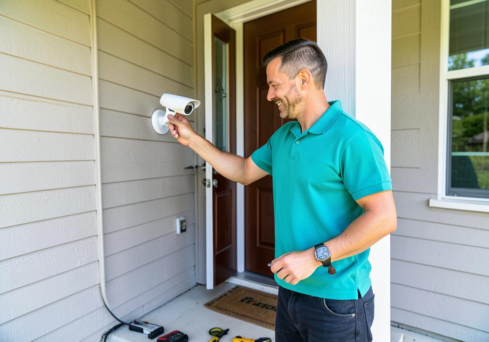 Technician mounting an outdoor security camera beside a home's front door