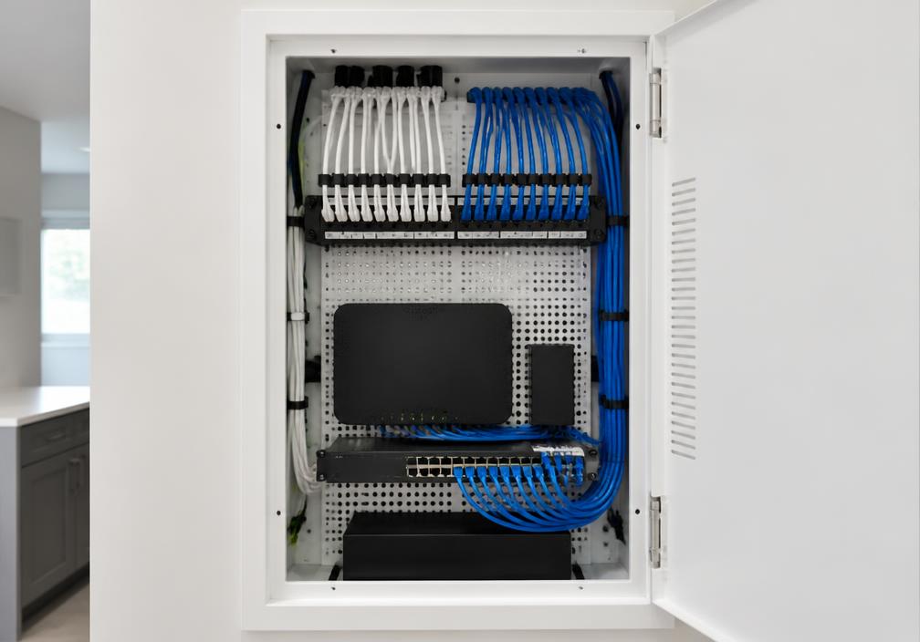 Organized residential network cabinet with neatly routed data cabling