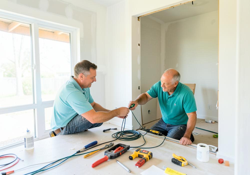 Two technicians running structured network cabling through a home under construction