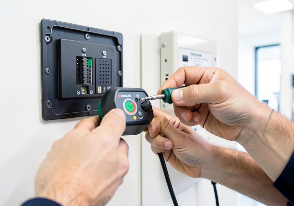 Close-up of a technician wiring a smart home control panel